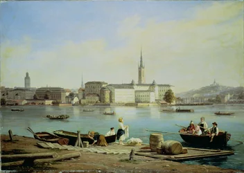 Een uitzicht op Riddarholmen aan het meer Malaven met de Ridarhuset en de Riddarholmskerk daarachter, Stockholm